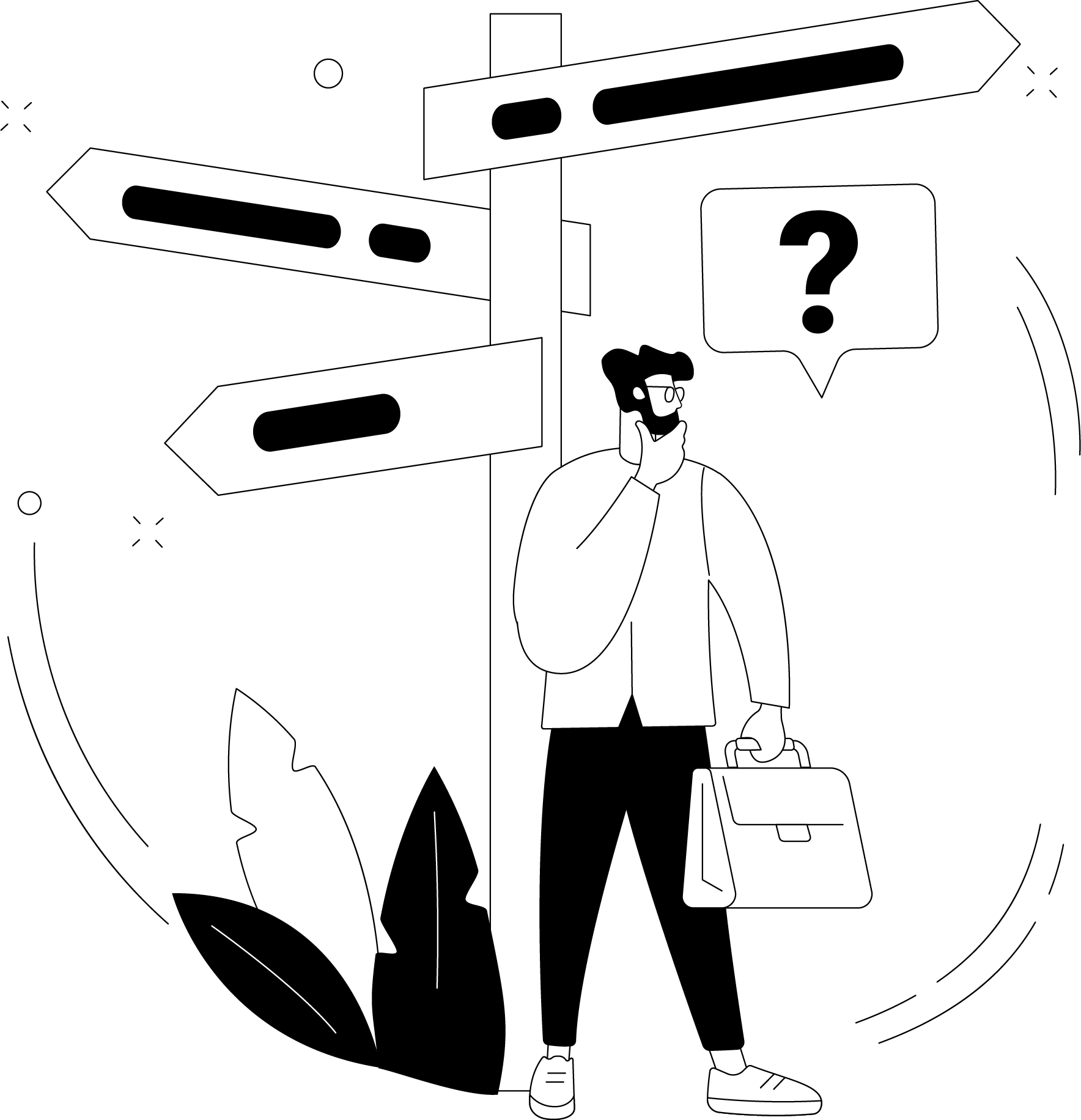 Header image for the page. A black and white illustration of a person standing next to a street sign.