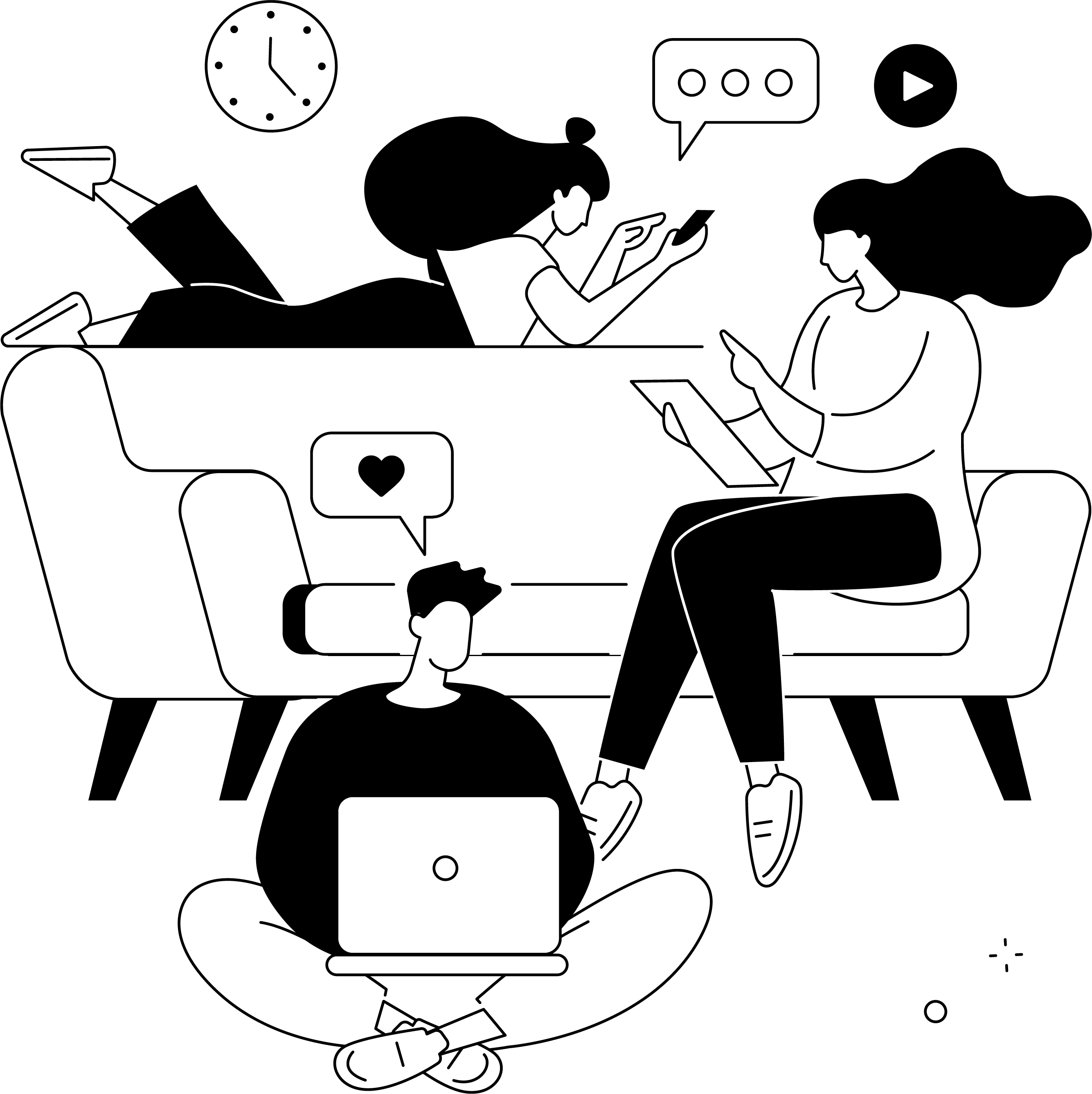 A black and white illustration of young people using technology.