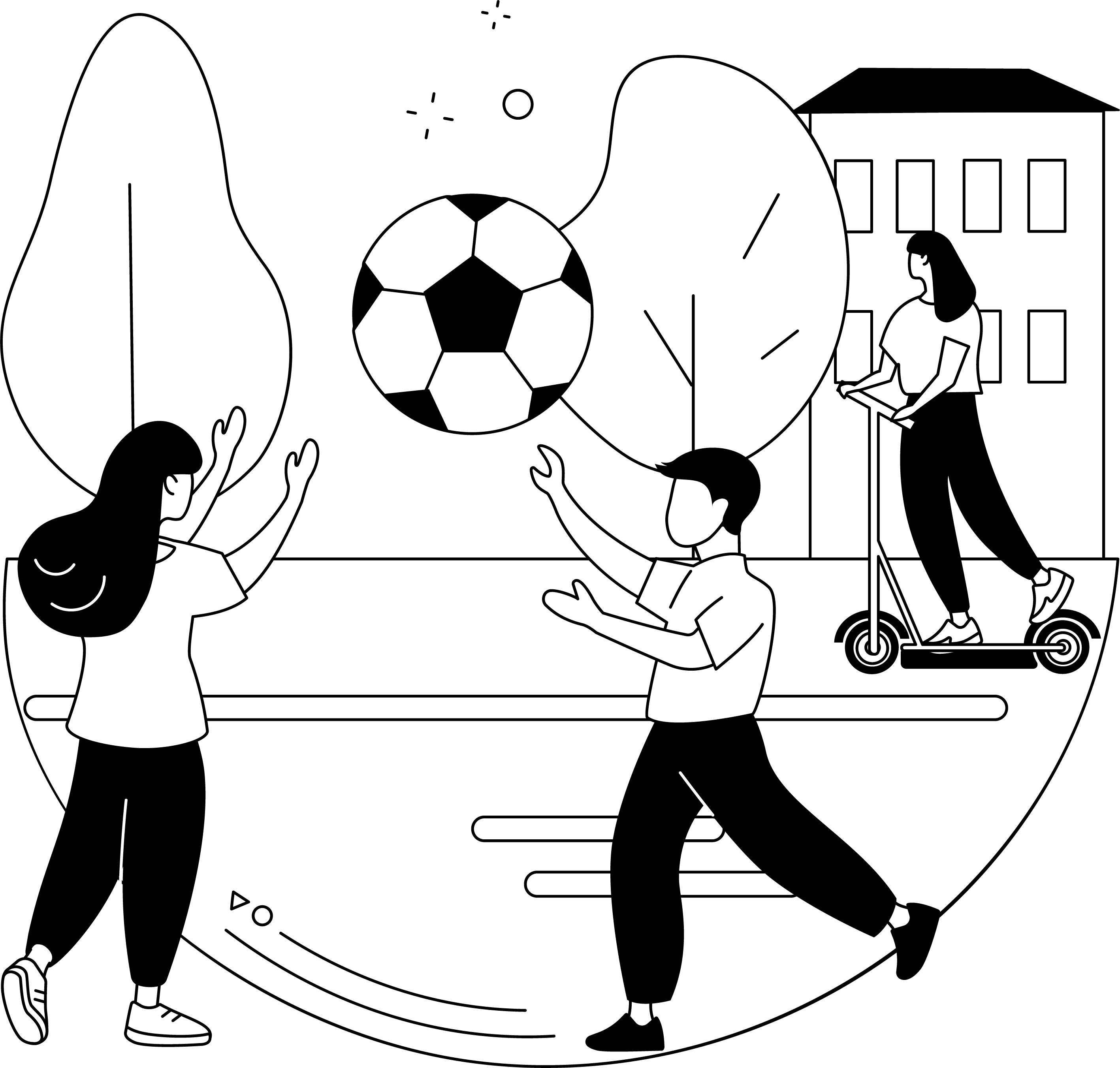 Header image for the page. A black and white illustration of people playing with a football.