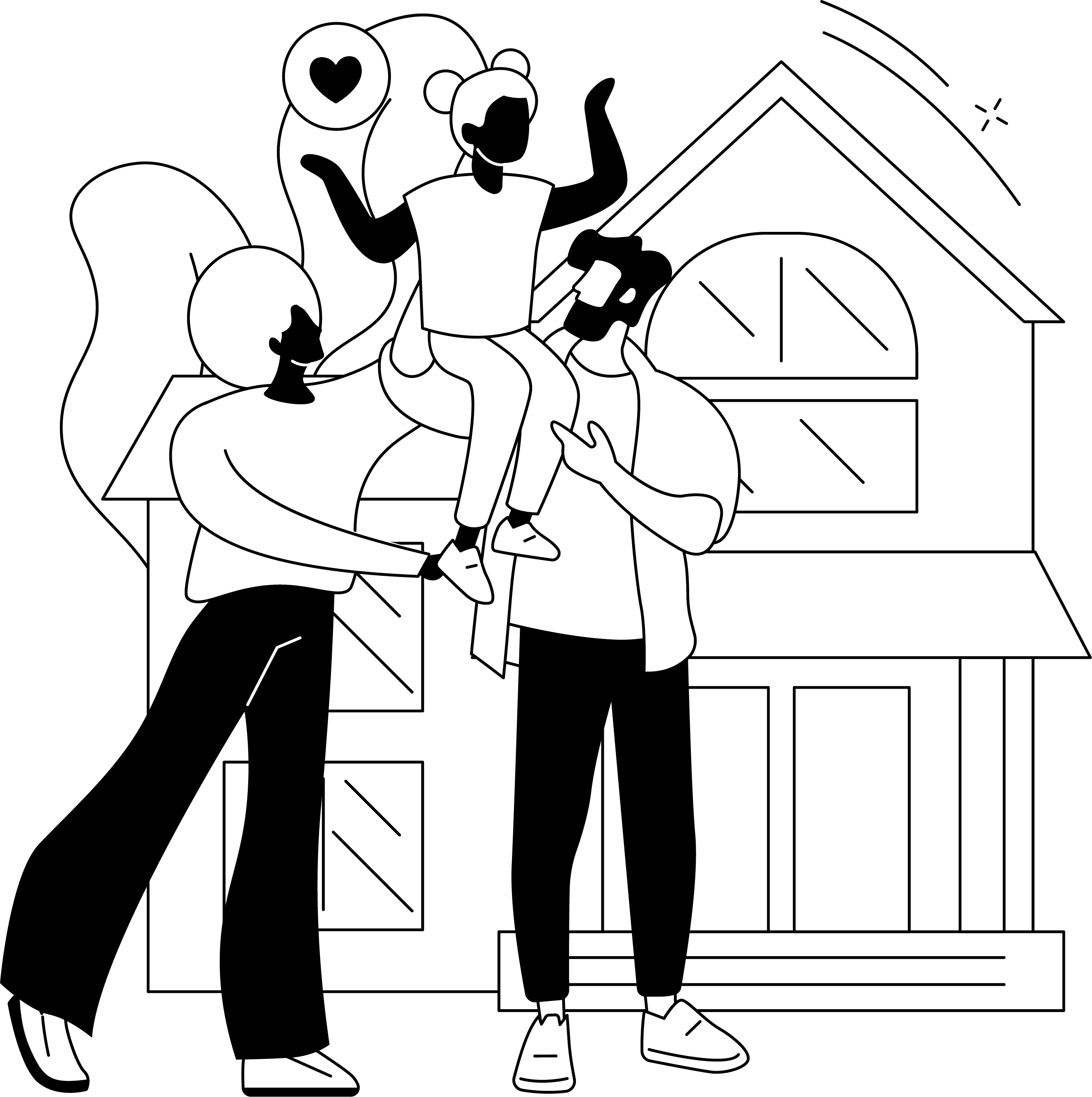 A black and white illustration of parents holding up a child.