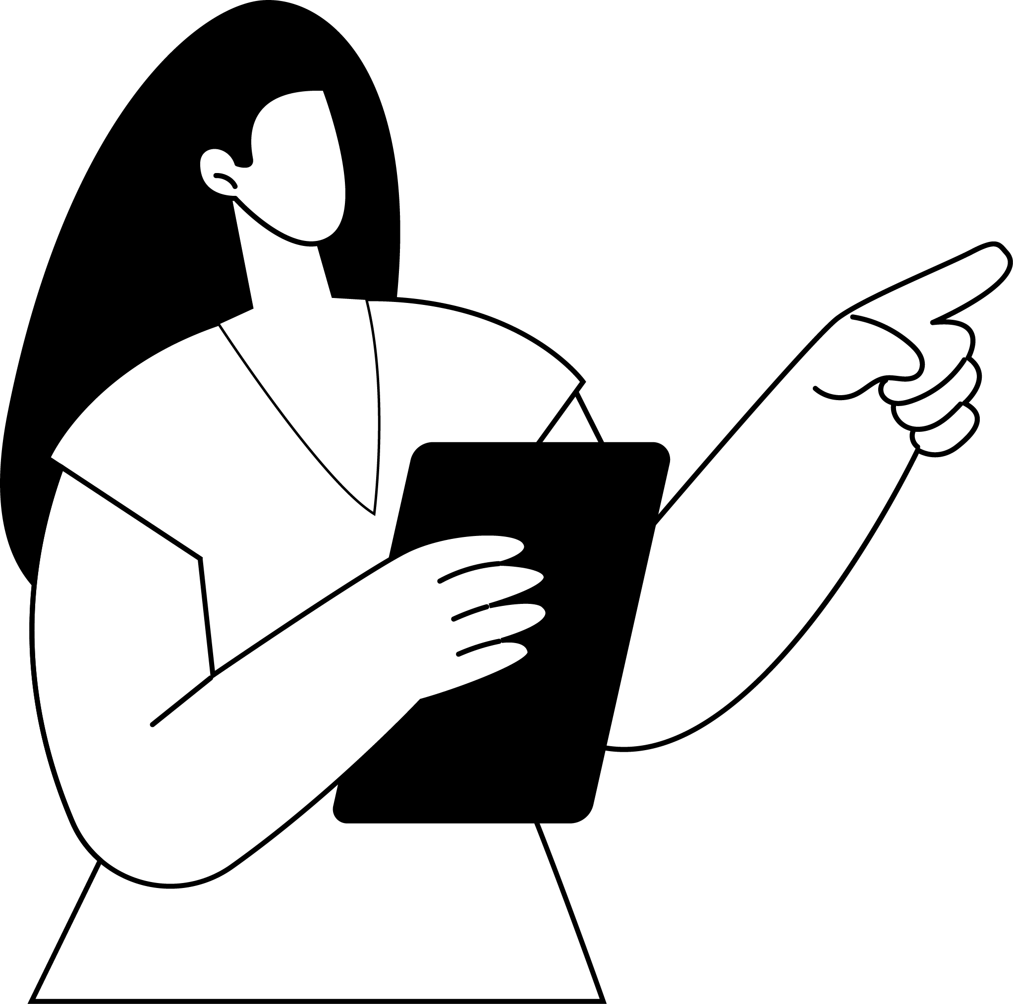 A black and white illustration of a person conducting a survey.