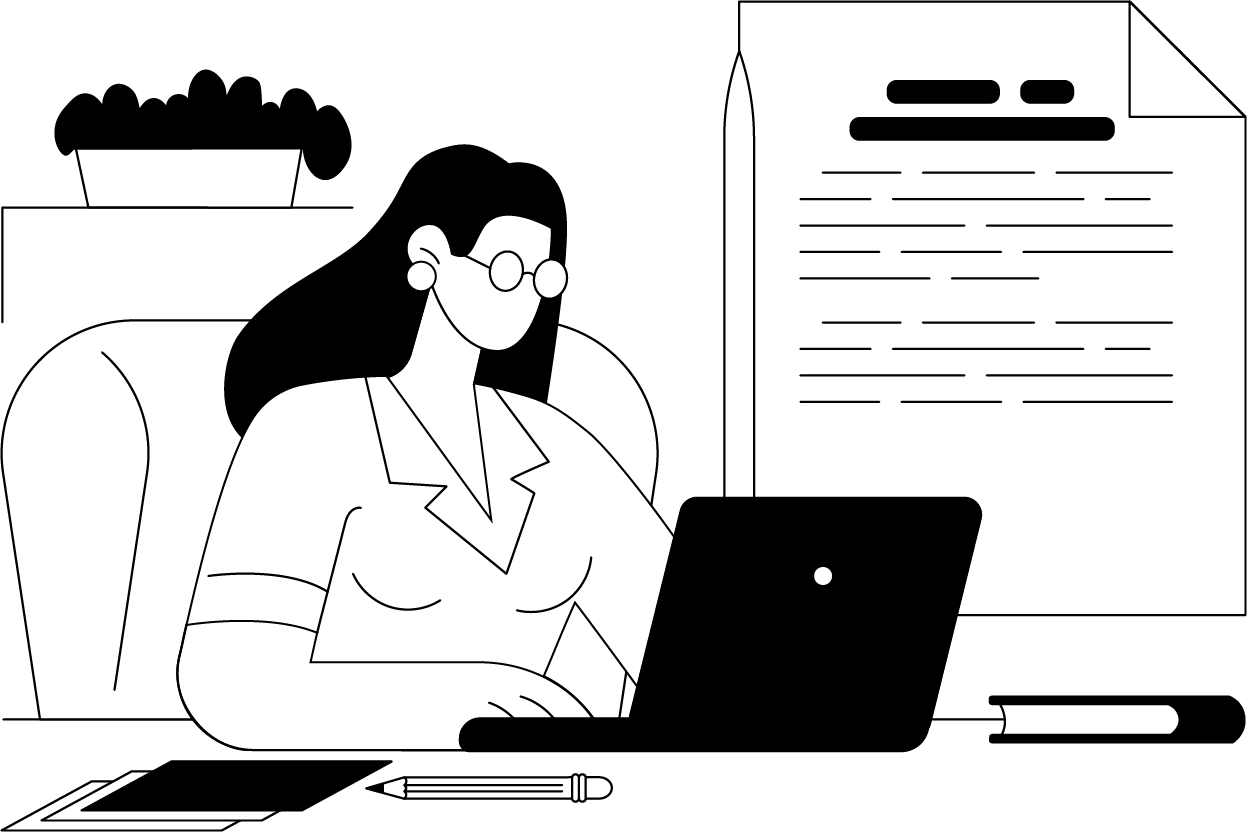 Header image for the page. A black and white illustration of a person sitting at a computer.