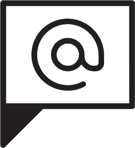 A black and white illustration of a speech bubble with an email icon.