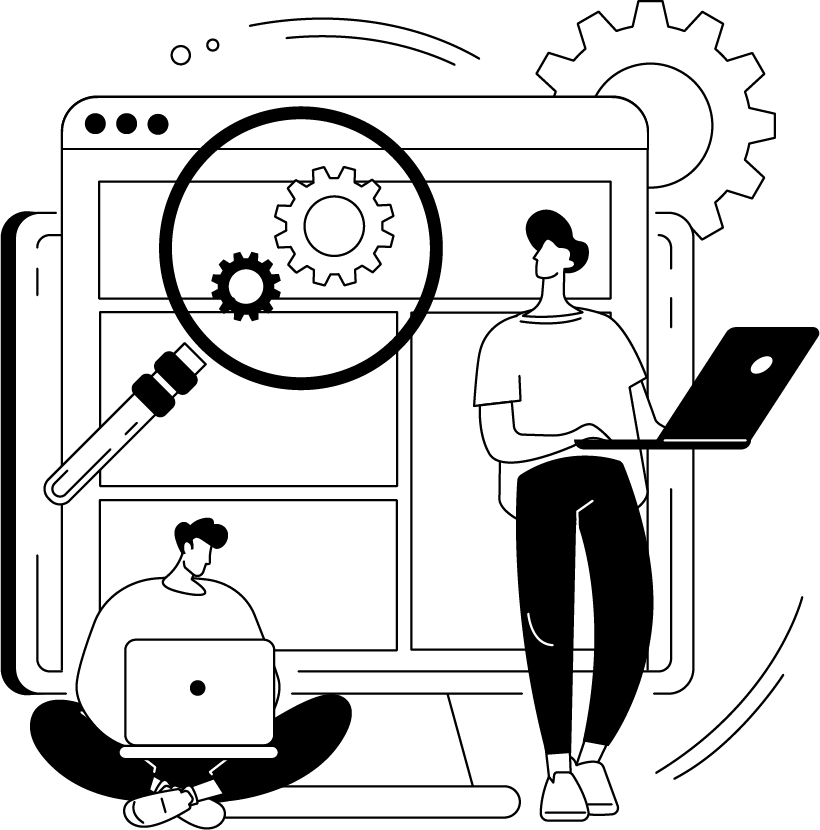 Header image for the page. A black and white illustration of people using laptops.